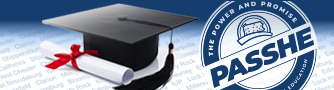 Illustration of graduation cap and diploma and the PASSHE seal graphic